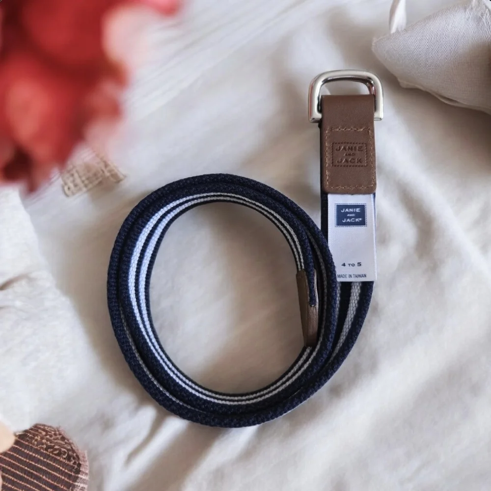 Janie & Jack Boys' Navy and White Striped Belt with a silver-tone Buckle Sz 4-5
